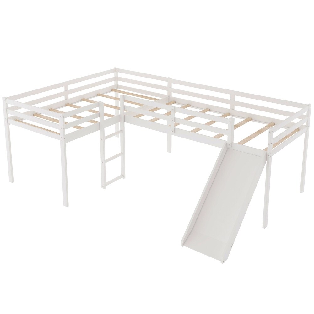 L Shaped Twin Size Loft Bed with Ladder and Slide  White