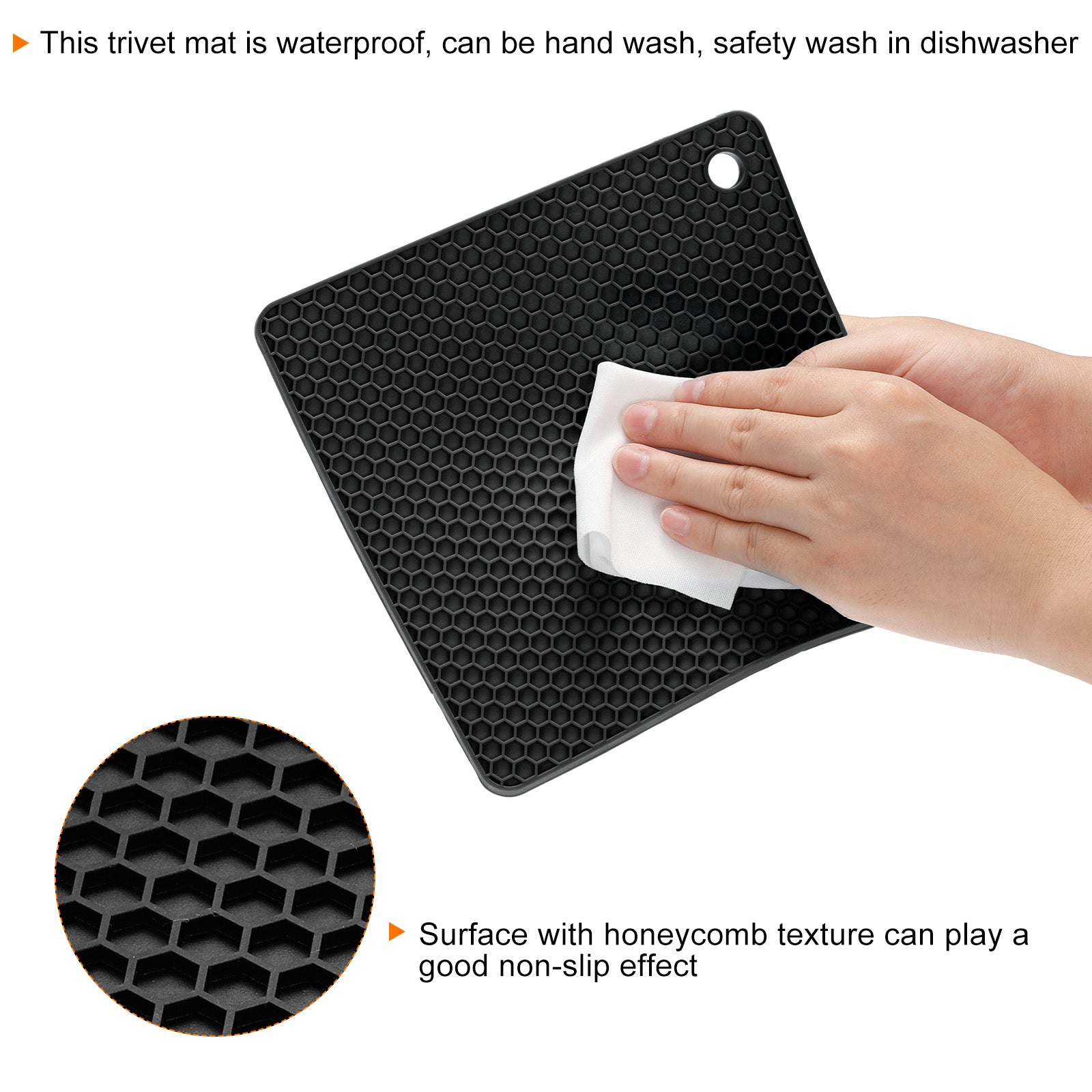 Uxcell Silicone Trivet Mats 2pcs， Square Hot Pan Pads Hot Pot Holder， NonSlip Drying Mat for Kitchen Counter  Black