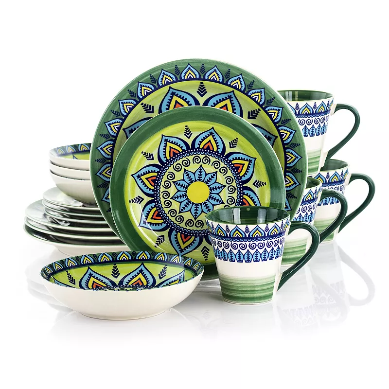 Elama Zen Green Mozaik 16 Piece Luxurious Stoneware Dinnerware with Complete Setting for 4， 16pc