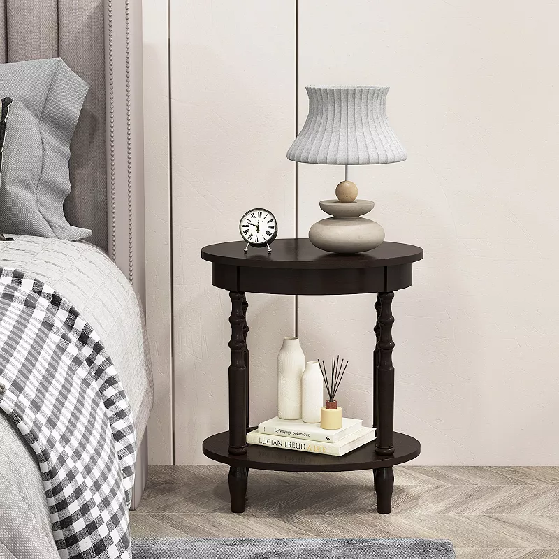 2-tier Oval Side Table With Storage Shelf And Solid Wood Legs