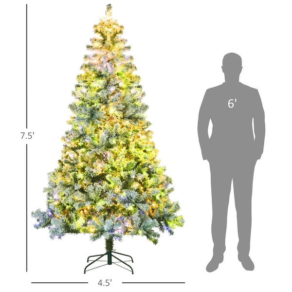 HOMCOM 7.5ft Tall Prelit Artificial Christmas Tree Holiday Décor with 1149 Snow Flocked Branches，Steel Base