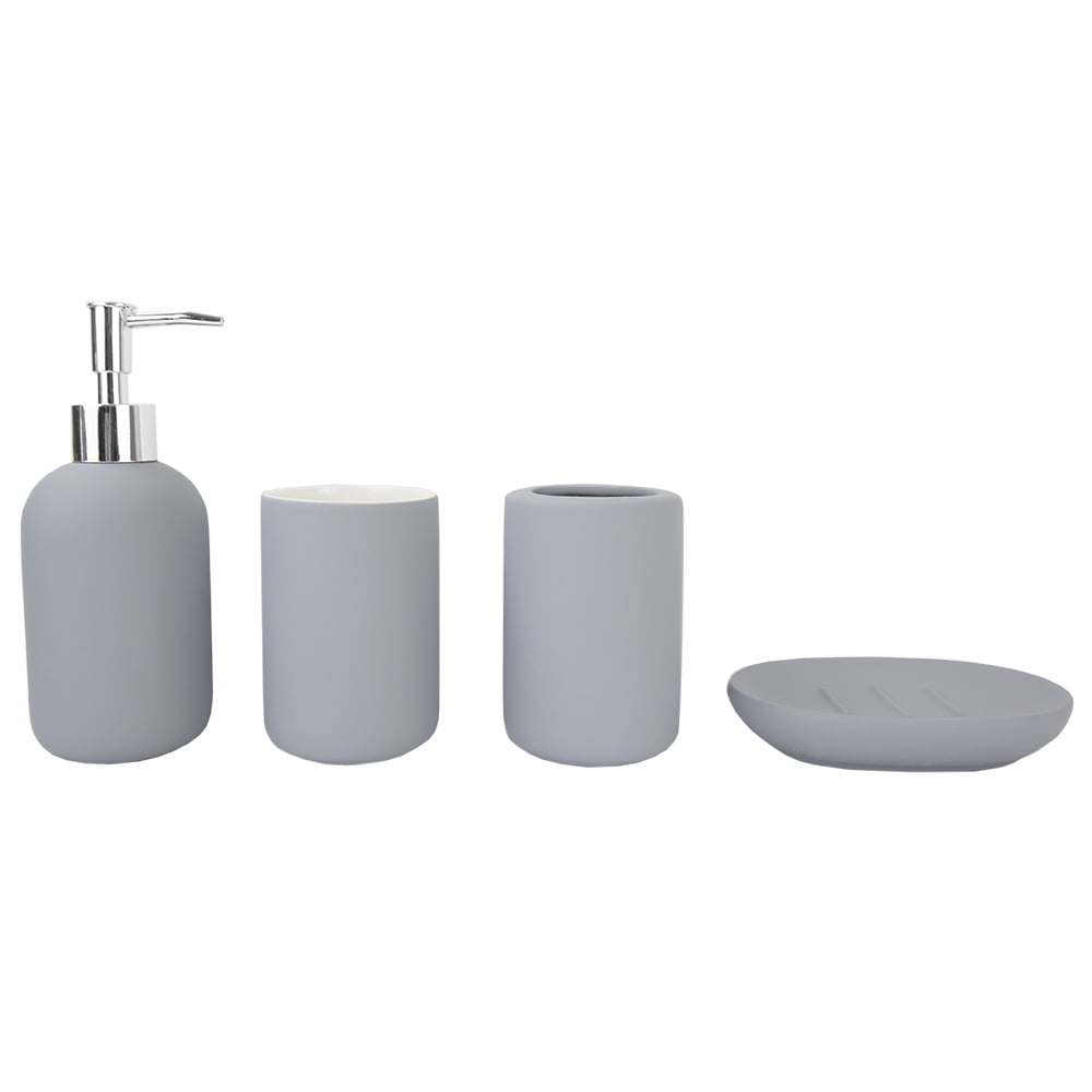 4 Piece Rubberized Ceramic Bath Accessory Set， Grey