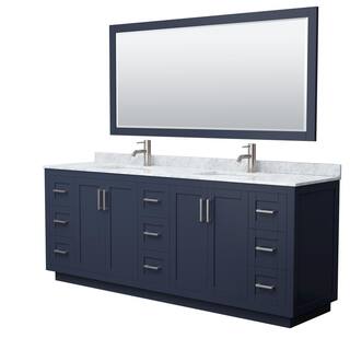 Wyndham Collection Miranda 84 in. W x 22 in. D x 33.75 in. H Double Sink Bath Vanity in Dark Blue with White Carrara Marble Top and Mirror WCF292984DBNCMUNSM70