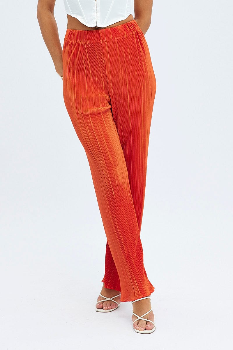 Orange Plisse Pants Wide Leg High Rise