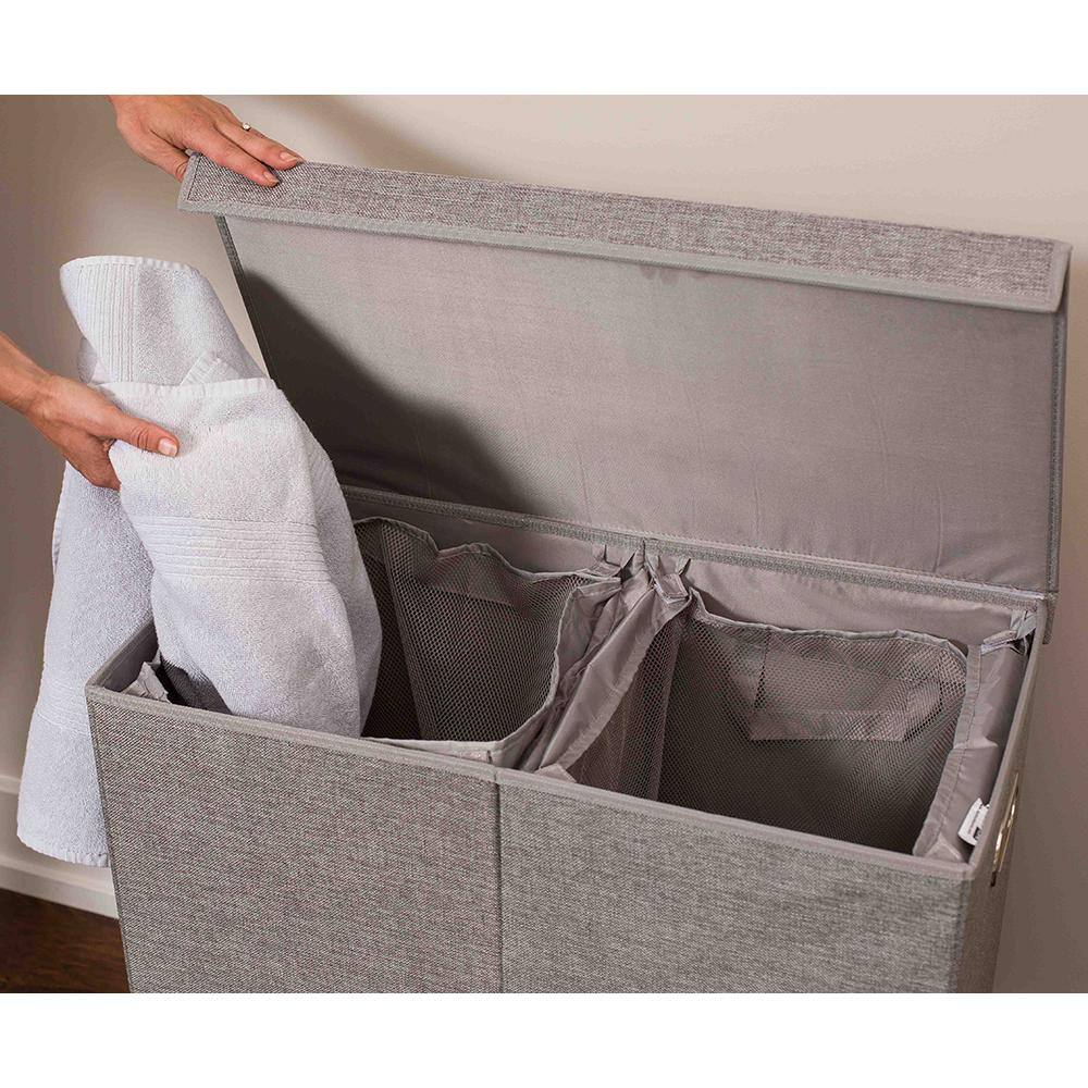 BirdRock Home Grey Double Linen Laundry Hamper with Lid and Removable Liners 1205