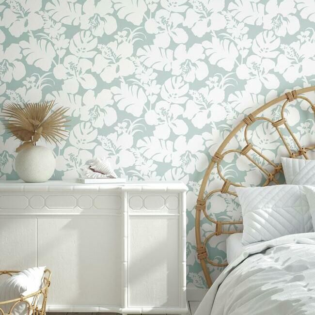 Hibiscus Arboretum Wallpaper in Mint from the Water's Edge Resource Library