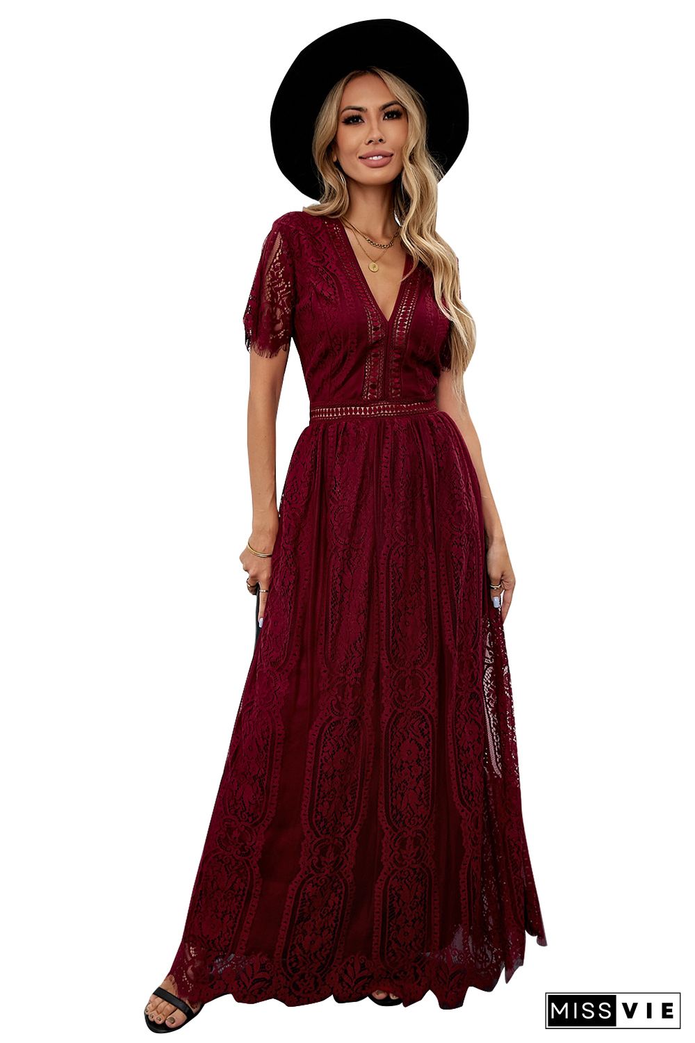 Burgundy Deep V Neck Short Sleeve Lace Maxi Dress