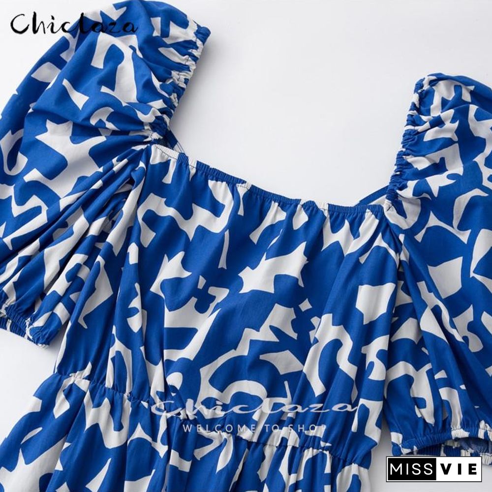 CHICLAZA Women New Summer Sexy V Neck Party Dress Ladies Casual Solid Print A Line Midi Beach Dresses Female