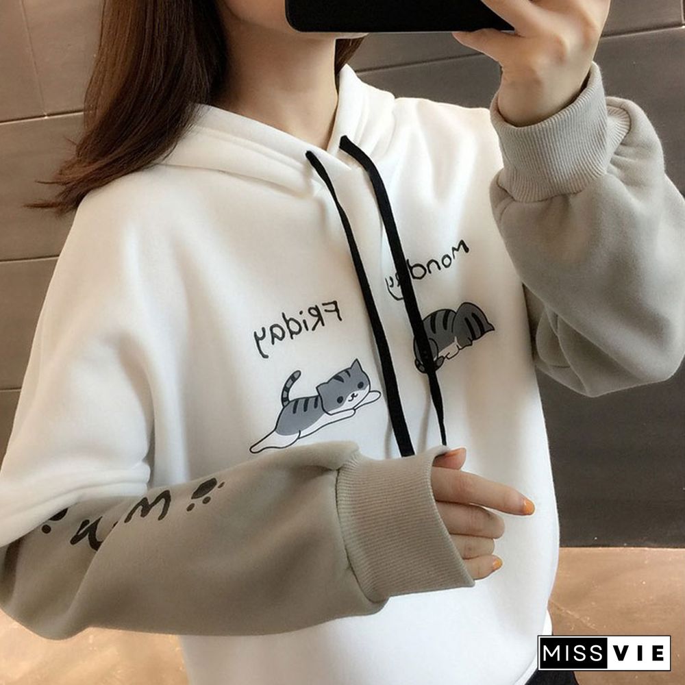 Japanese Style Letter kitty Print Colorblock Sweatshirt