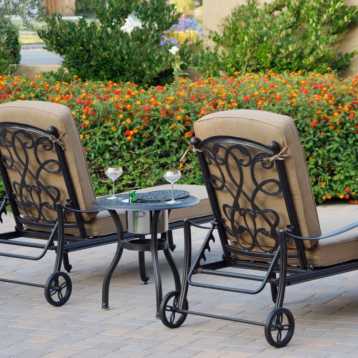 Darlee Santa Monica 3 Piece Cast Aluminum Chaise Lounge Set W/ Ice Bucket Insert and Sesame Cushions