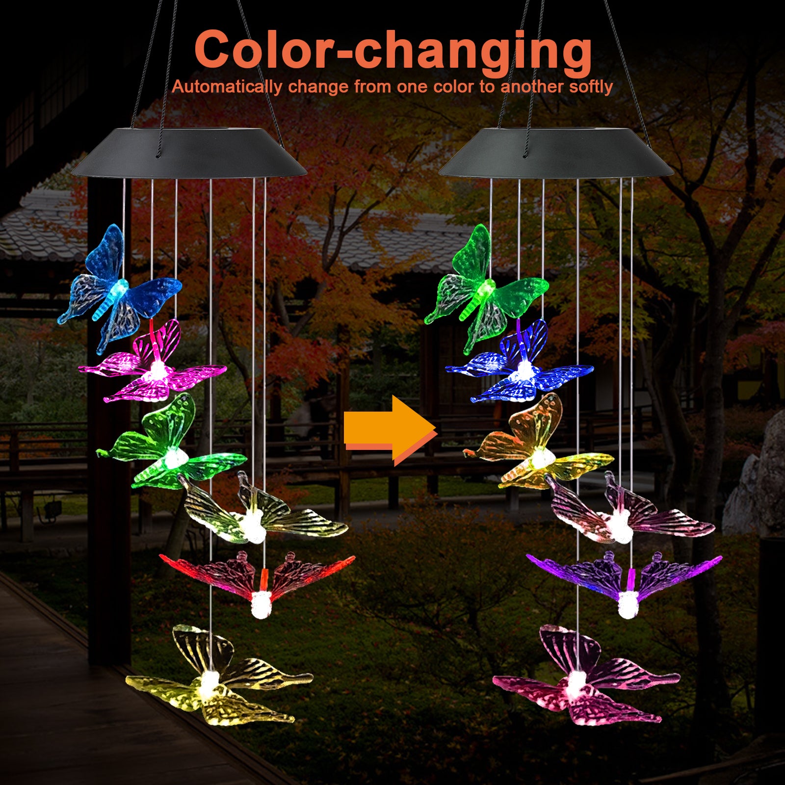 LED Solar Butterfly Wind Chimes Outdoor， EEEkit Waterproof Solar Powered LED Changing Light Color 6 Butterflies Mobile Romantic Wind Bell for Home， Party， Festival Decor， Night Garden Decoration