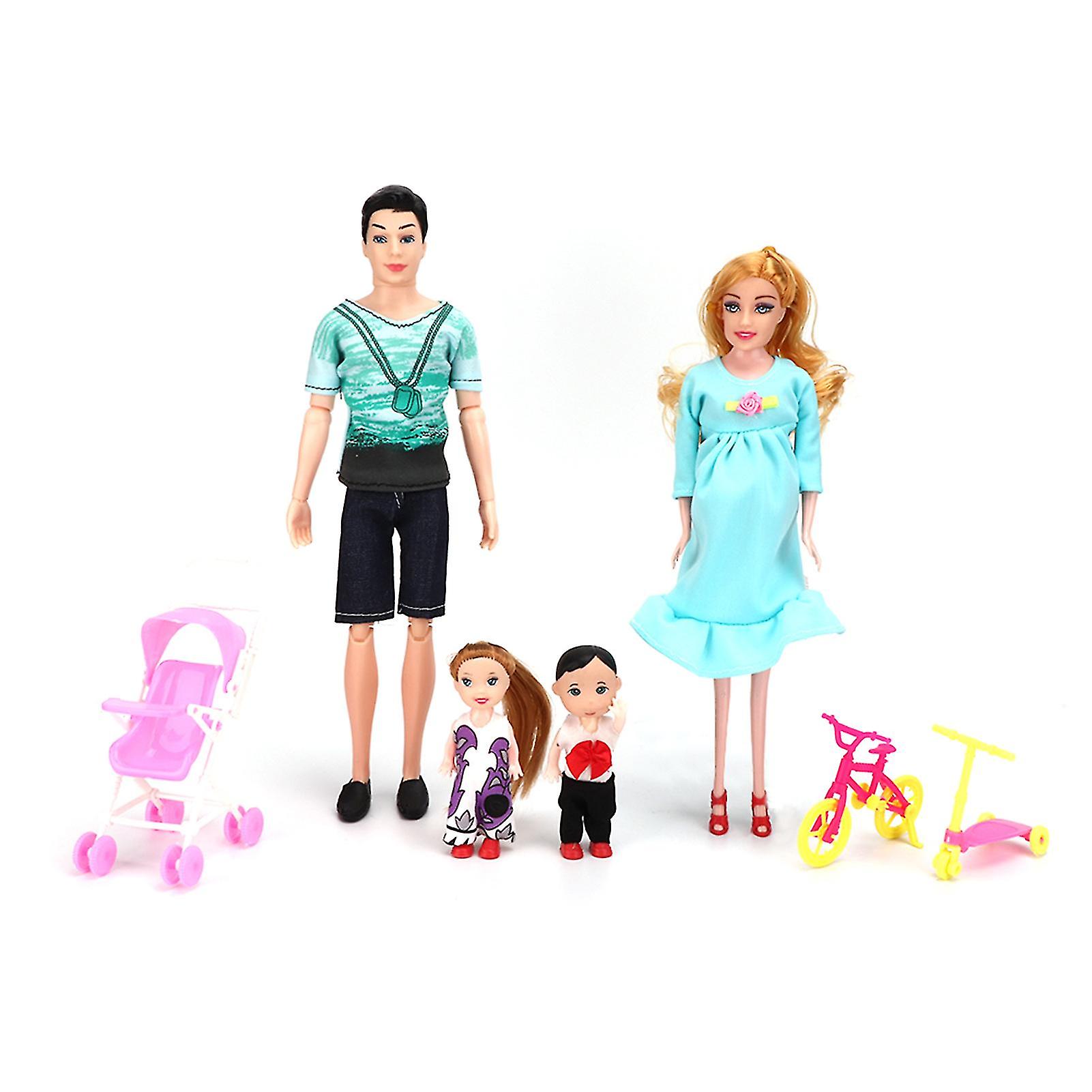 Family Dolls Set Of Dad Pregnant Mom Girl Boy Children Role Play House Toy Gift(greenblue )