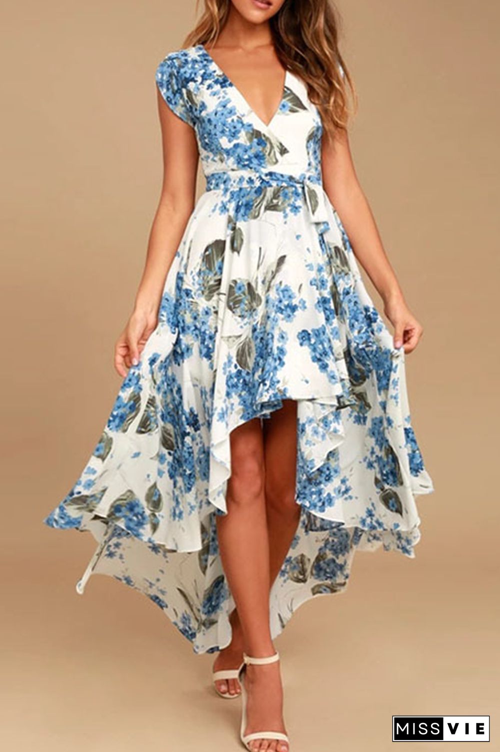 Elegant Floral Frenulum With Belt Irregular Dress Dresses(3 Colors)