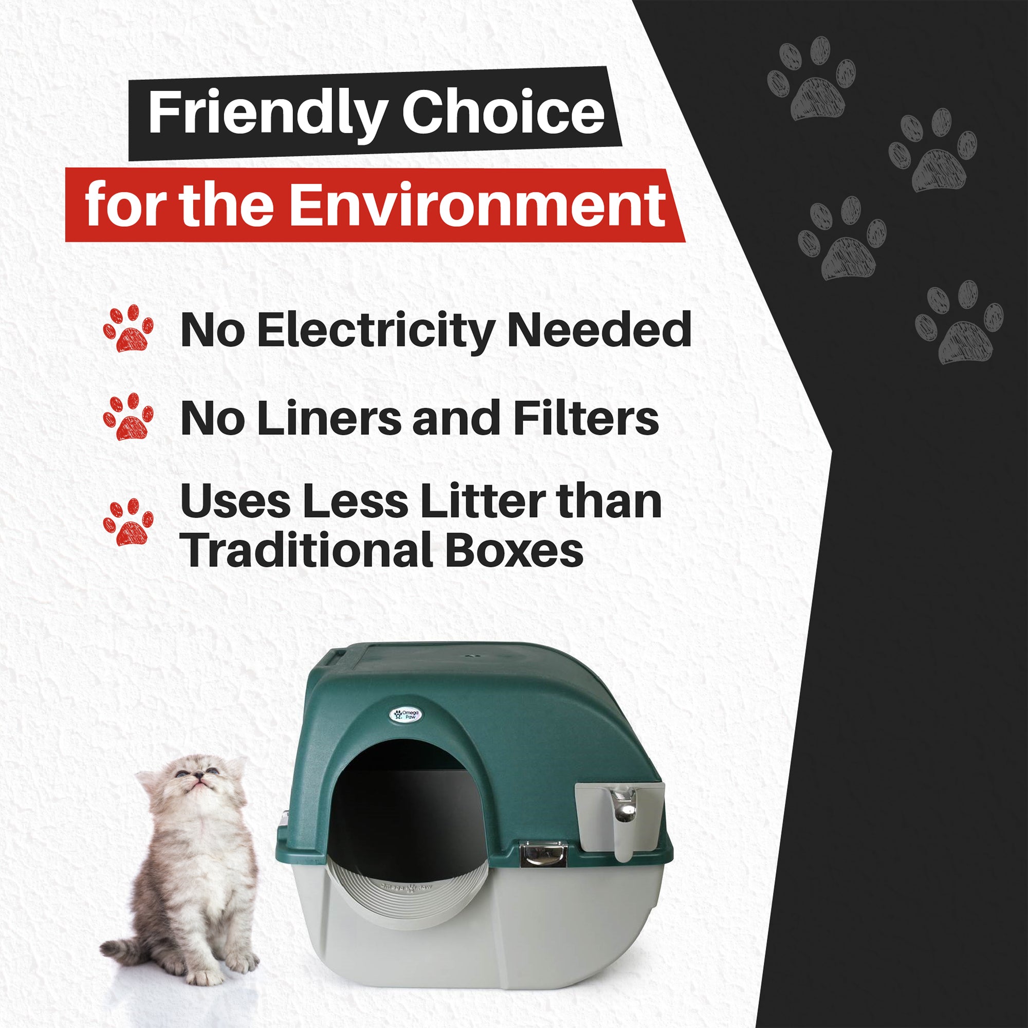 Omega Paw Premium Roll 'N Clean Self Cleaning Litter Box， Large， Green