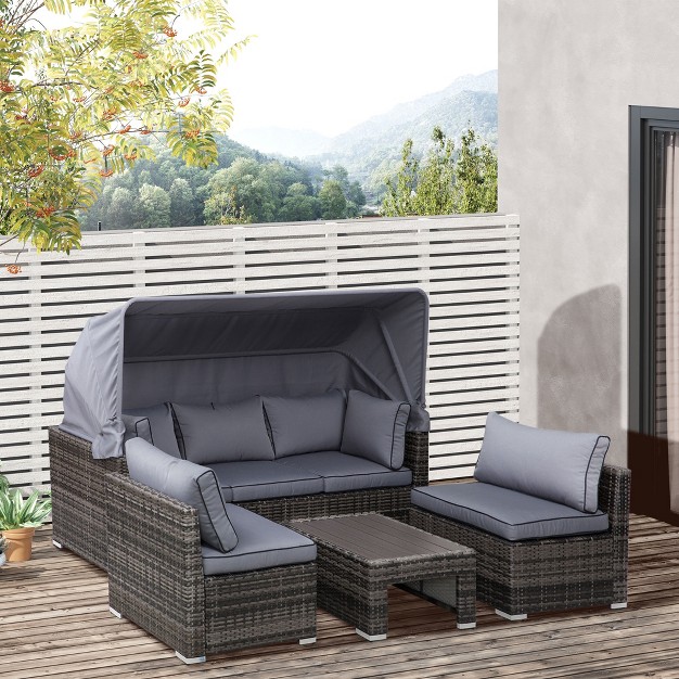 Outsunny Outdoor Daybed With Canopy 4 Piece Sectional Patio Furniture Set Cushions Table Ottoman Pe Wicker Sofa Set amp Convertible Sunbed Gray