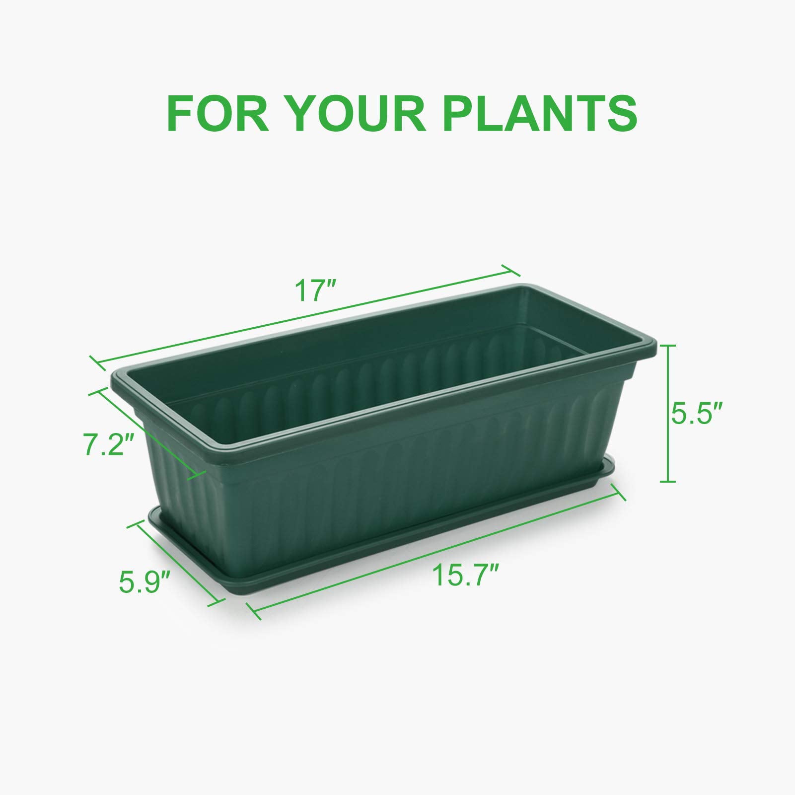 GROWNEER 6 Packs 17 Inches Green Flower Window Box Plastic Vegetable Planters with 15 Pcs Plant Labels, for Windowsill, Patio, Garden, Home Décor, Porch