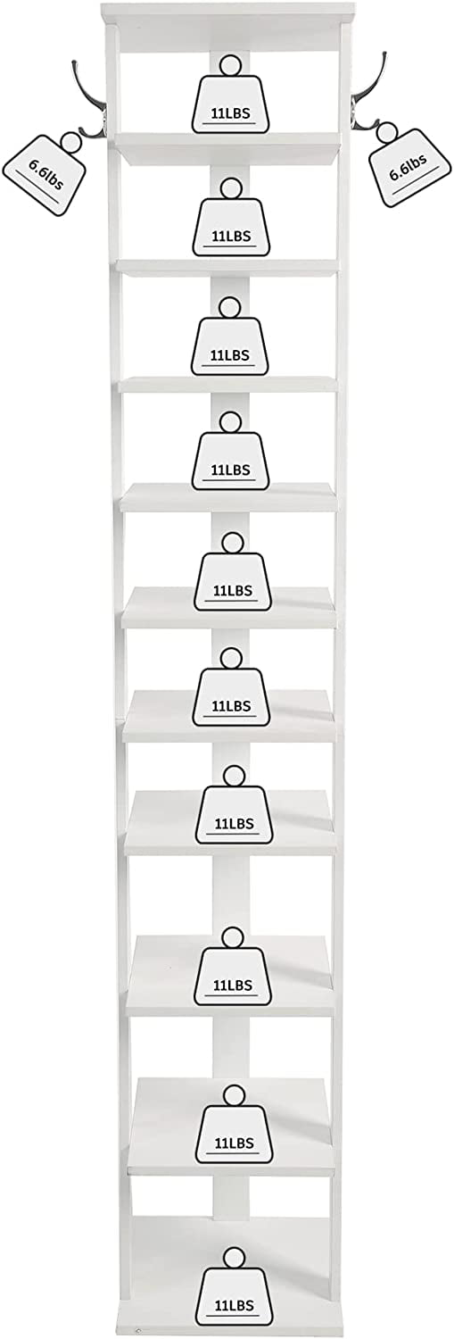 HOMEFORT 10-Tier Vertical Shoe Rack Corner Shoe Tower， Slim Shoe Organizer w/2 Hanging Hooks， Wooden Shoe Storage Stand for Entryway Hallway Closet， White