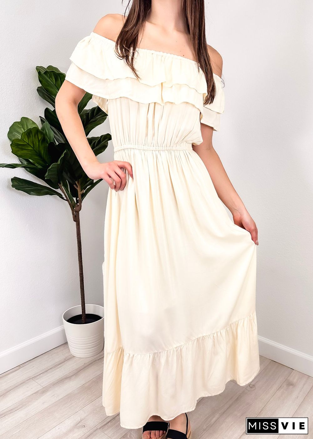 Grecian Ruffle Stretch Maxi Long Dress