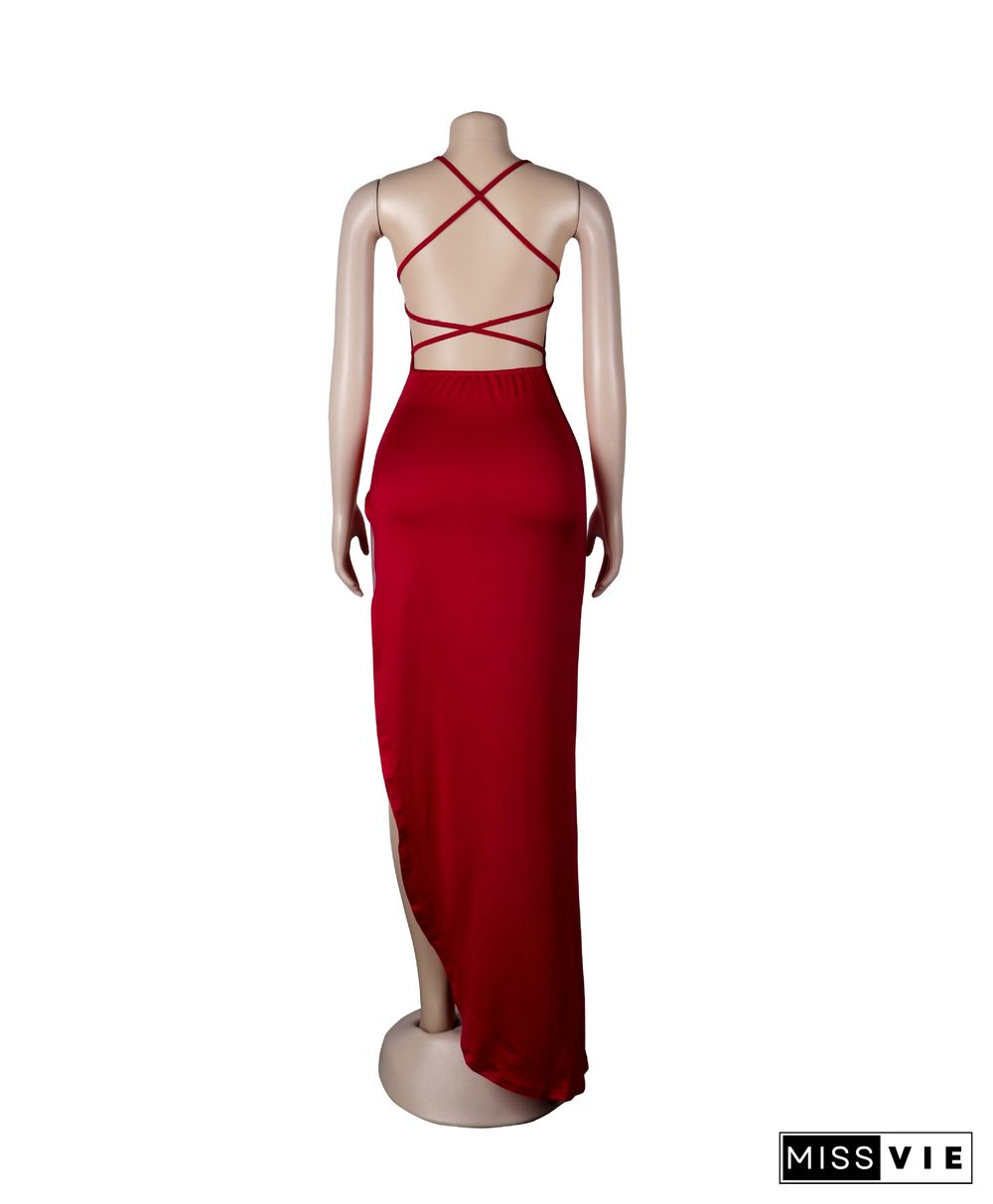 Women Sexy Solid Backless Halter Sling Bandage High Side Slit Slinky Evening Party Long Maxi Dress