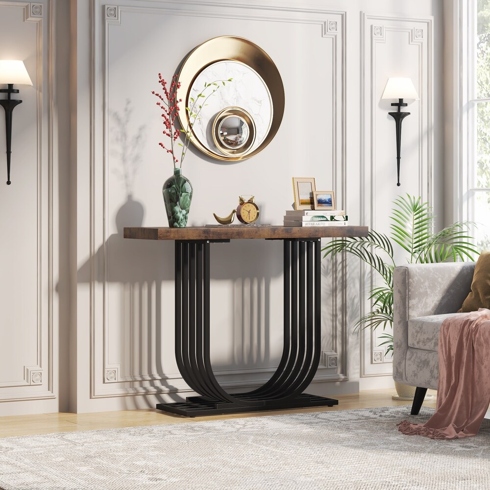 40 Inch Modern Faux Marble Entryway Table  Foyer Table  Narrow Sofa Accent Table with Geometric Metal Legs