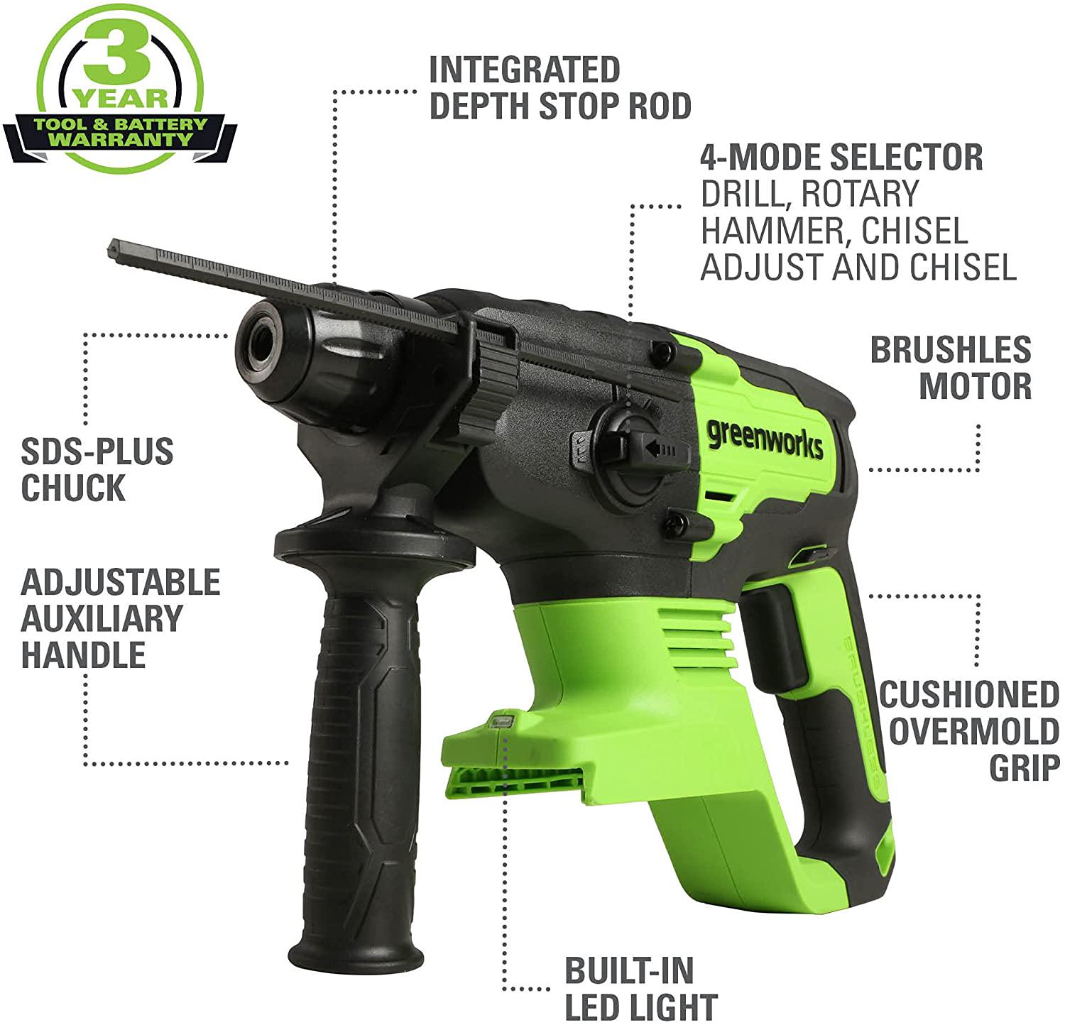 Greenworks 24V Brushless SDS-Plus 2J Rotary Hammer， Battery Not Included HM24L00