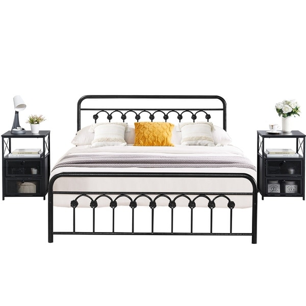 Taomika 3-Pieces Modern Bedroom Set with Black Platform Bed Frame and 3-tier Shelf Doors Nightstands - - 36069034