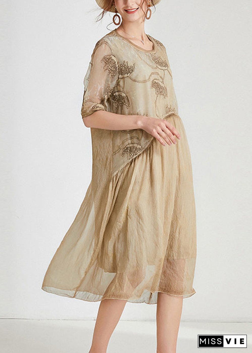 Unique Khaki O-Neck Cozy Chiffon Maxi Dress Short Sleeve