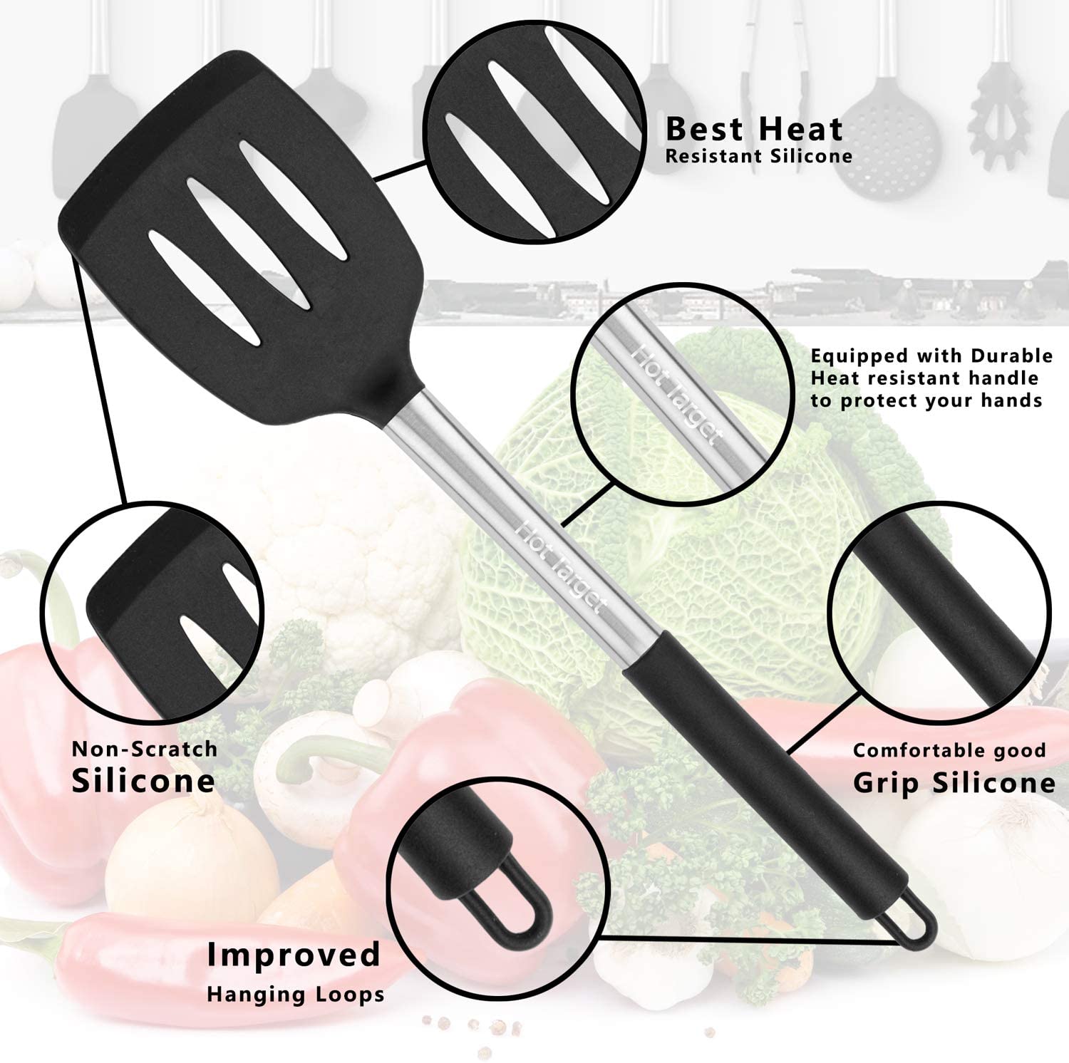 Hot Target 11 Piece Cooking Utensils Set - Stainless Steel, Silicone Kitchen Utensils - Black