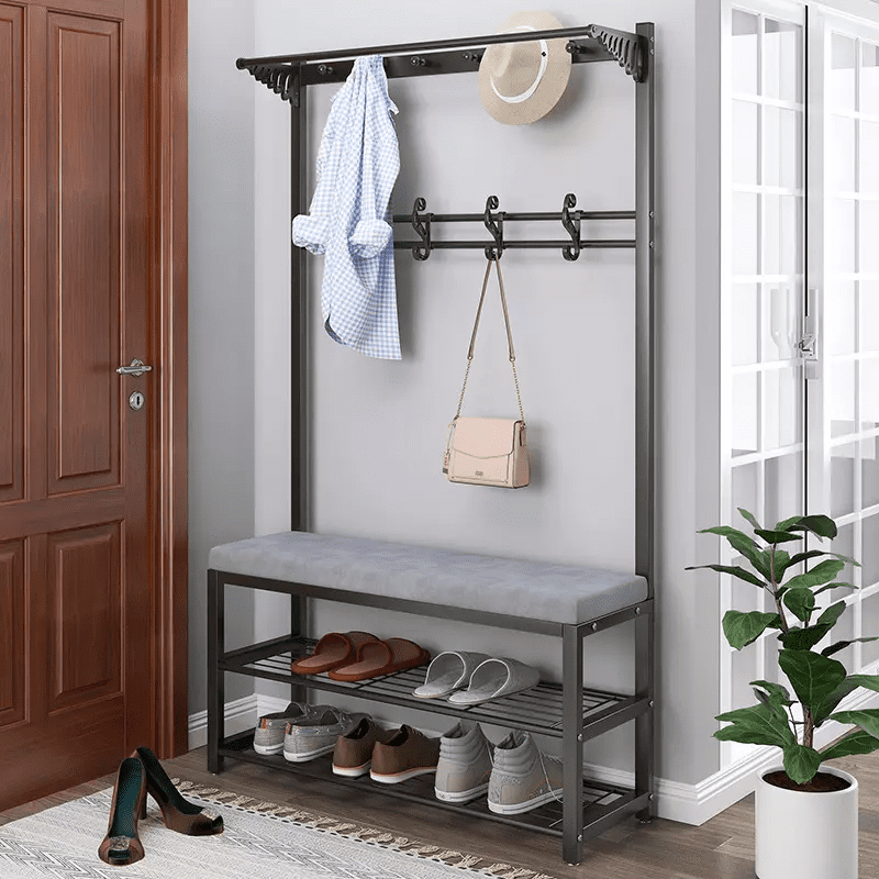 3-in-1 Entryway Coat Rack Hall Tree Coat Shoe Rack Bench with Storage Shleves And 10 Hooks Coat Hanger，Black