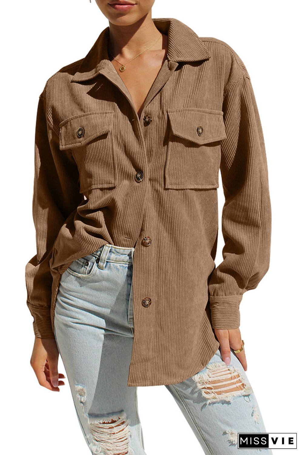 Plain Button Up Pockets Corduroy Jacket