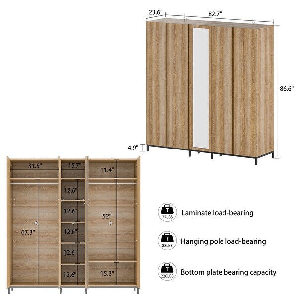 Spacious 5 Door Oak Wardrobe with Mirror 82.7