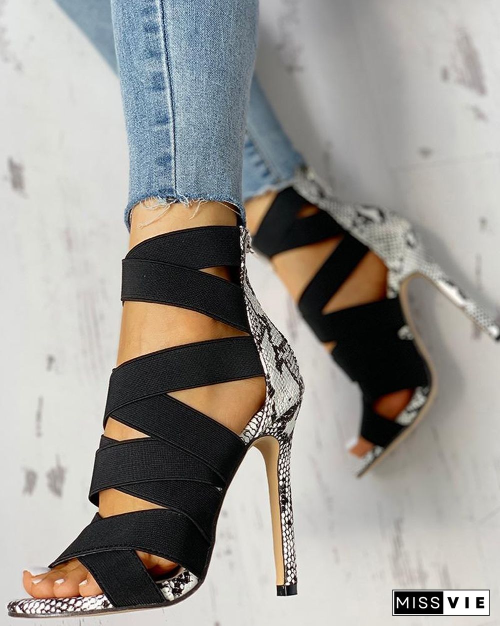 Lace-Up Bandage Patchwork Snakeskin Thin Heeled Sandals