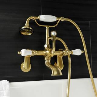 Kingston Brass Aqua Vintage 3-Handle Wall-Mount Clawfoot Tub Faucets with Hand Shower in Brushed Brass HAE55T7