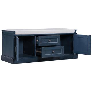 ANBAZAR Navy Blue Wood Entryway Storage Cushioned Shoe Bench Organizer 42.5L x 15.9W x 17.5H with 2 Drawers and 2 Cabinets 01556ANNA-M