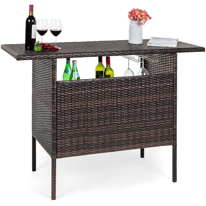 Rattan Wicker Outdoor Patio Bar Counter Table with 2-Row Goblet Holders & 2 Storage Shelves