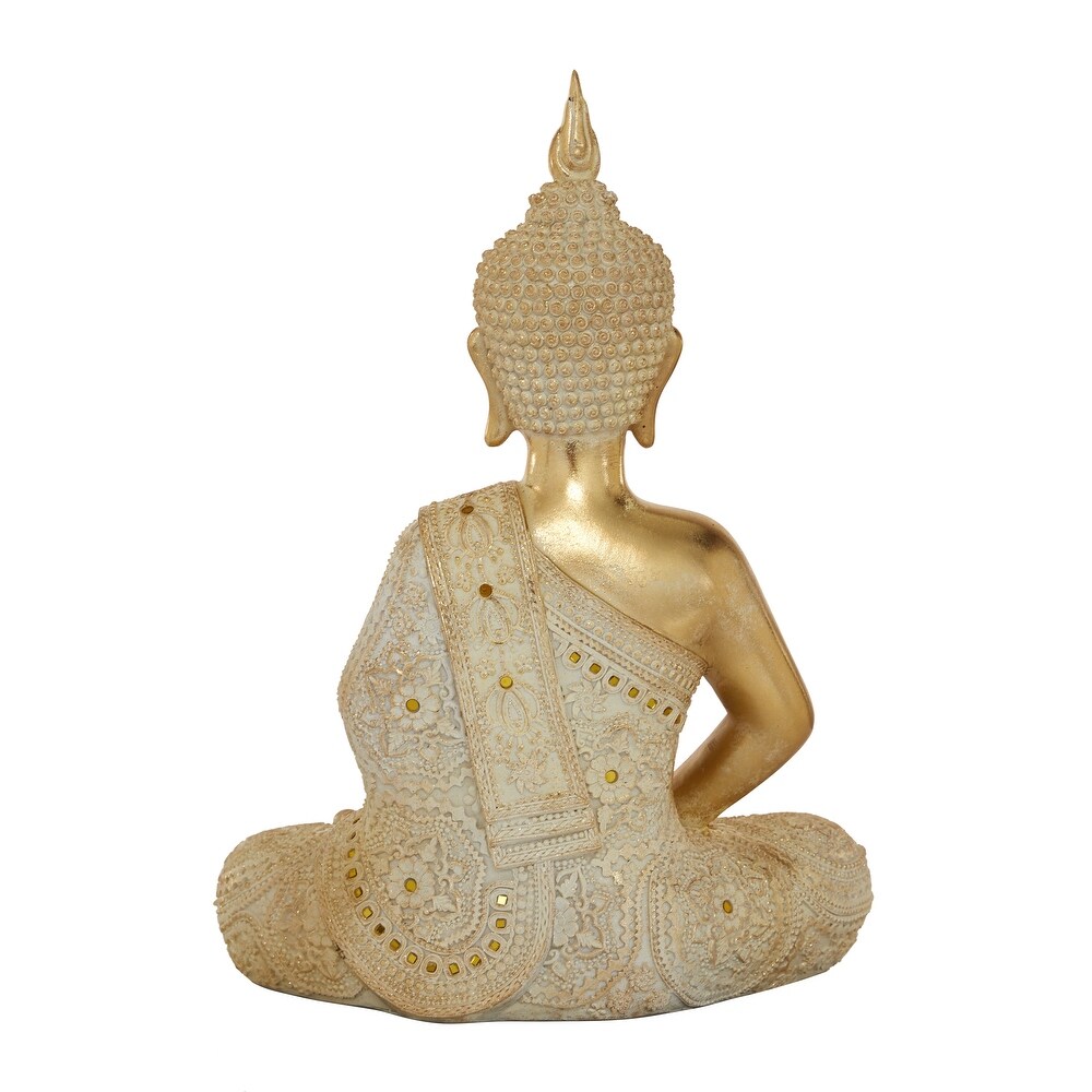 Gold Polystone Meditating Carved Buddha Sculpture with Intricate Carvings and Mirrored Embellishments   14 x 9 x 20
