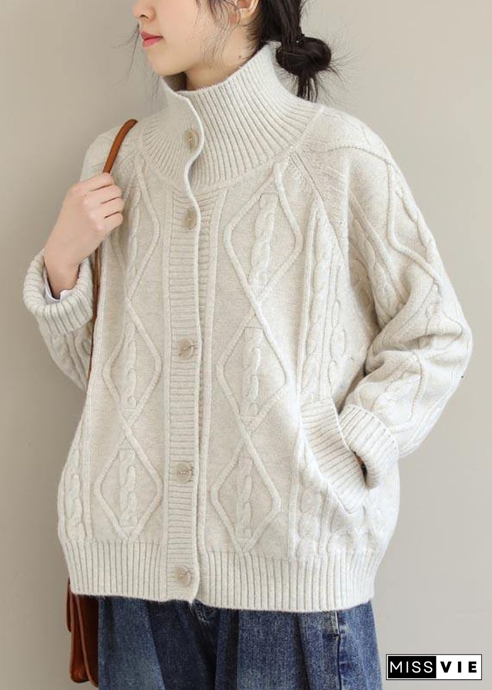 Cozy Beige Sweaters Stand Collar Pockets Trendy Plus Size Spring Knit Sweat Tops