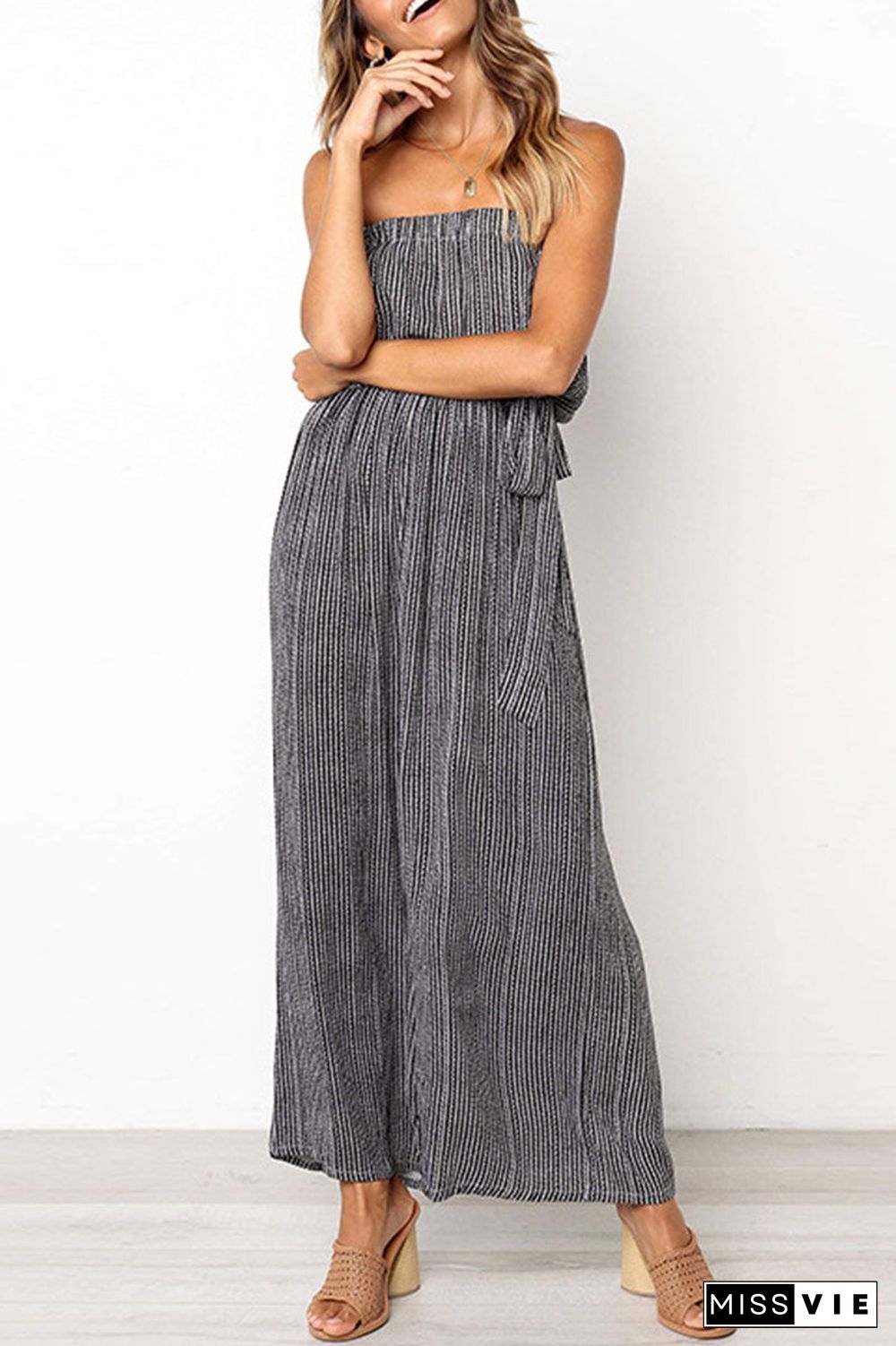 Fashion Street Striped With Belt Strapless Loose Jumpsuits