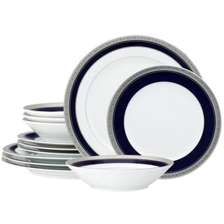 Noritake Crestwood Cobalt Platinum White Porcelain 12-Piece Dinnerware Set Service For 4 4170-12H