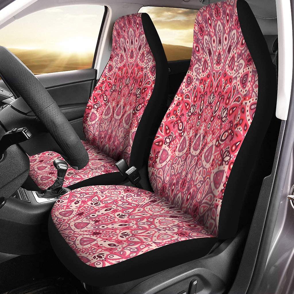 Set Of 2 Car Seat Covers Abstract Round Mandala Ottoman Pink Floral Pattern Universal Auto Front Seats Protector Fits