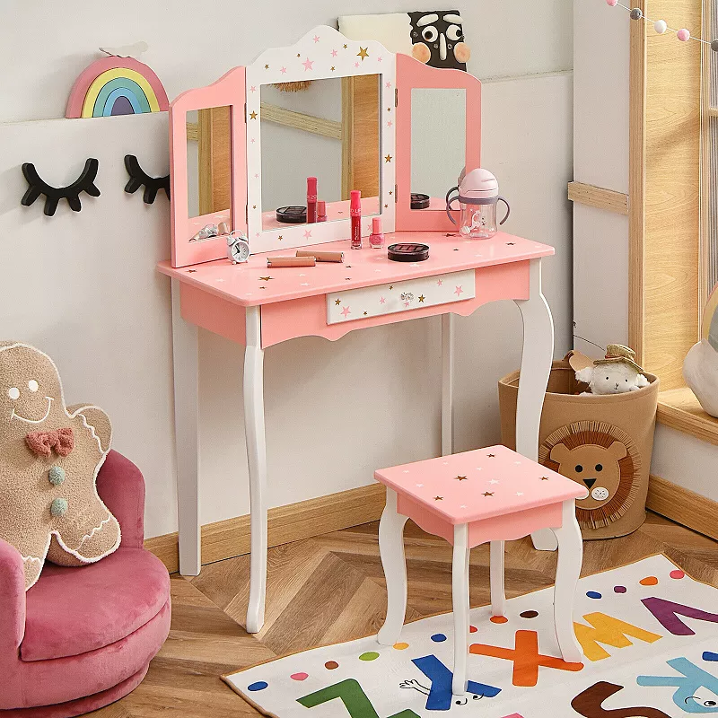 Kids Princess Vanity Table and Stool Set with Tri-folding Mirror and Drawer