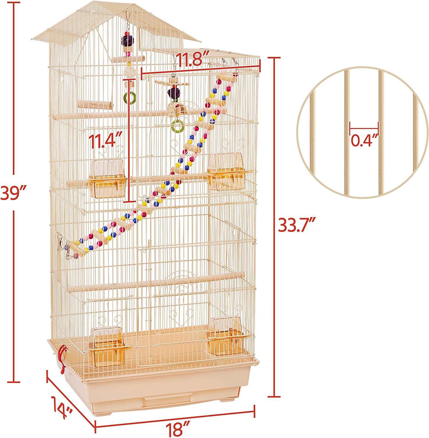 39'' Large Roof Top Bird Cage Metal Parrot Cage Lovebird Huge House Birdcage w/Toys and Swing and Ladder for Small Birds Canary Budgie Cockatiel