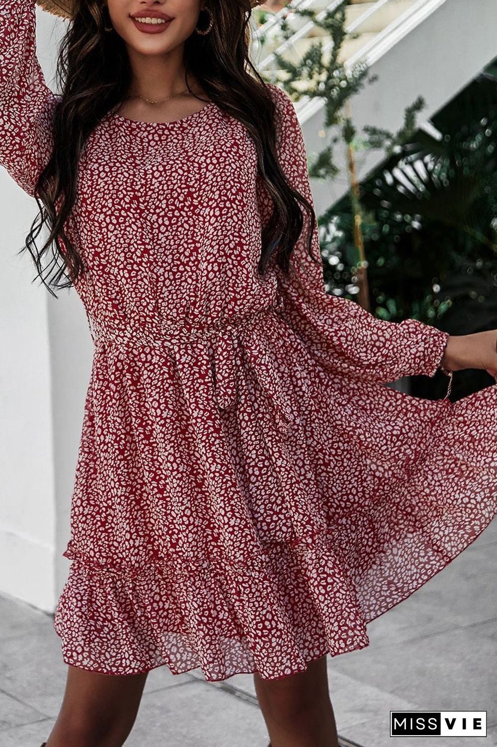 Lace-Up Floral Printed Ruffle Dress