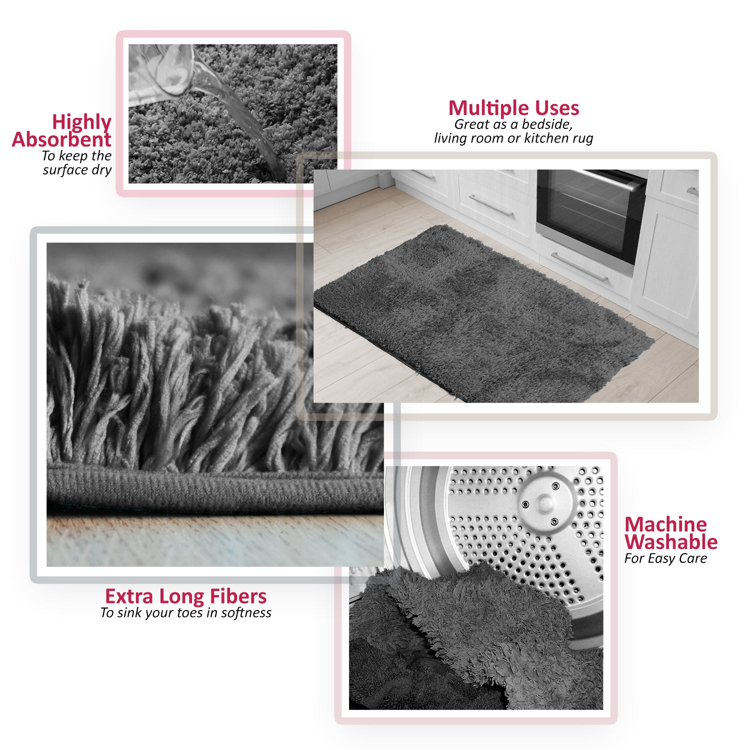 Clara Clark Set of 3 Non-Slip Bathroom Rugs， Gray