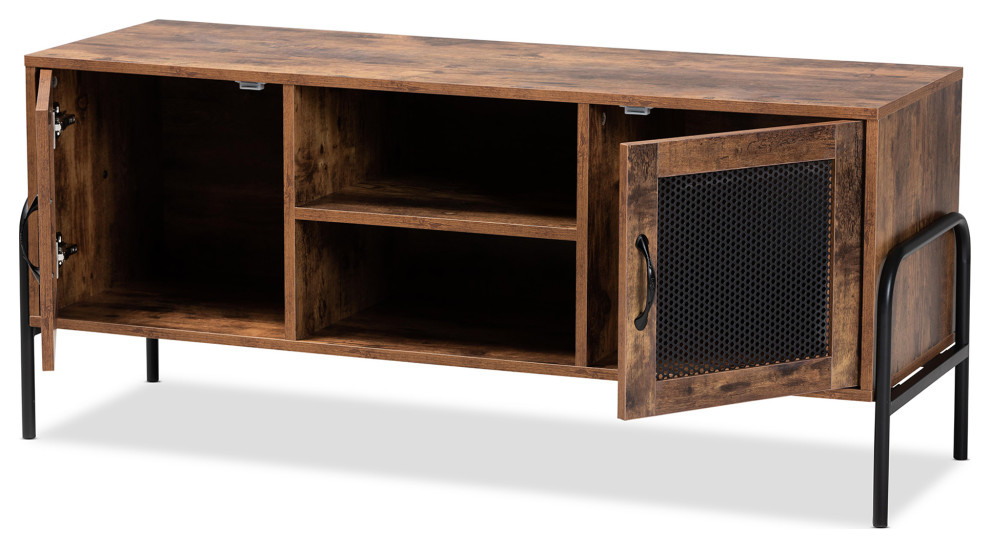 Odile Industrial Walnut Brown Wood and Black Metal   Industrial   Entertainment Centers And Tv Stands   by Baxton Studio  Houzz