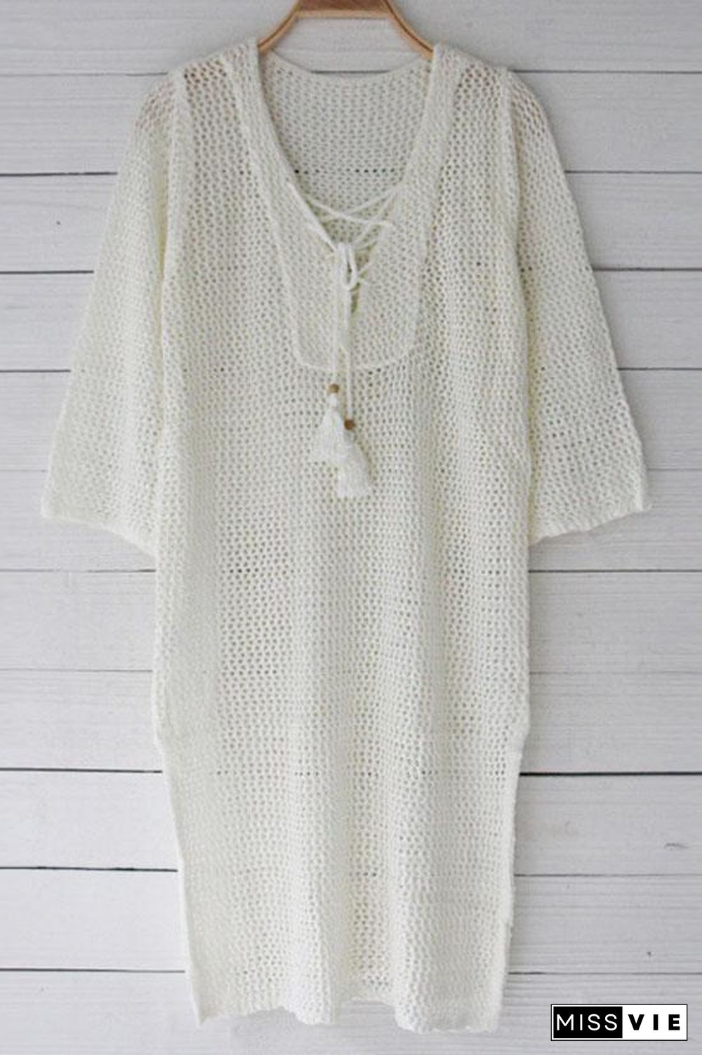 Breezy Lace Up Openwork Crochet Tunic Cover Up