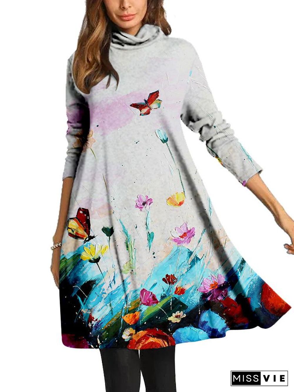 Women Long Sleeve Scoop Neck Printed Midi Dress