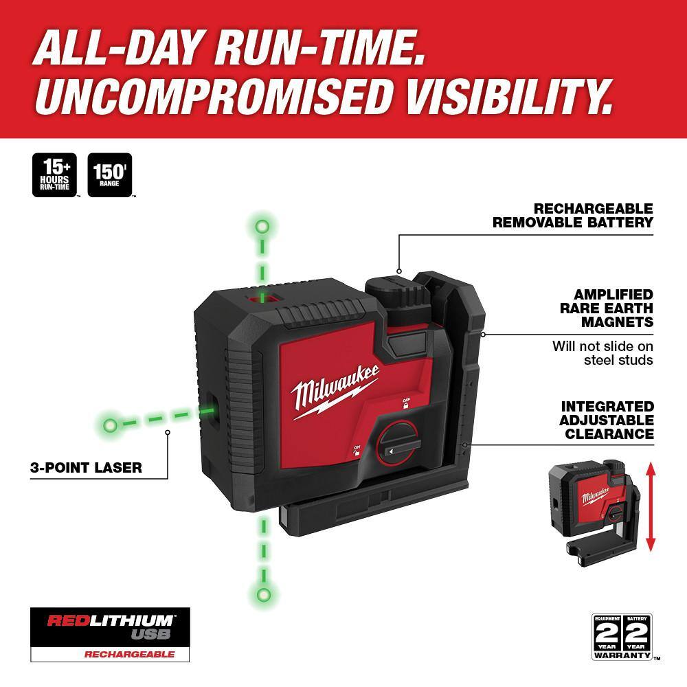 MW Green 100 ft. 3-Point Rechargeable Laser Level with REDLITHIUM Lithium-Ion USB Battery and Charger 3510-21