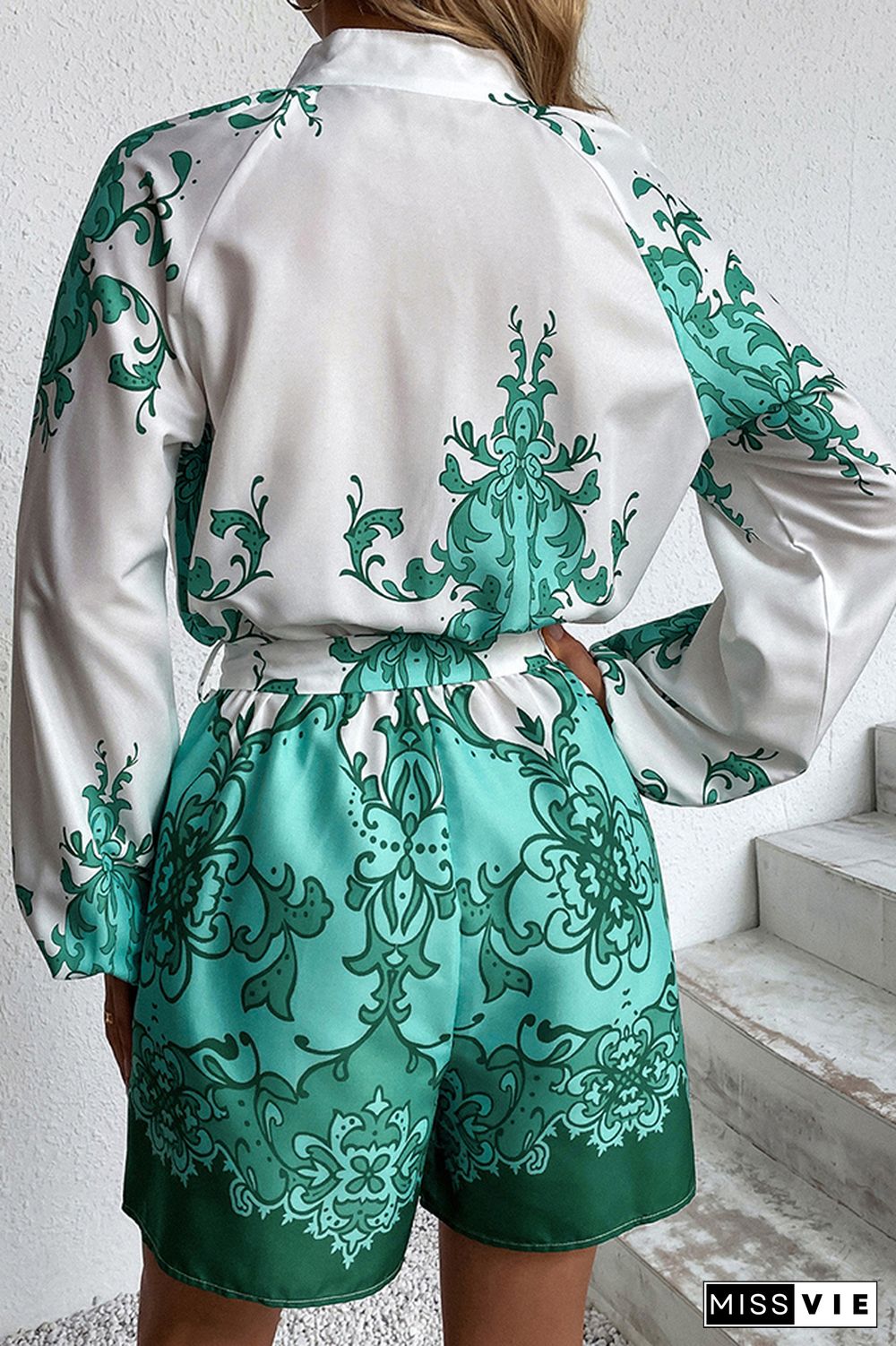 Green Puffy Sleeves Printed Rompers