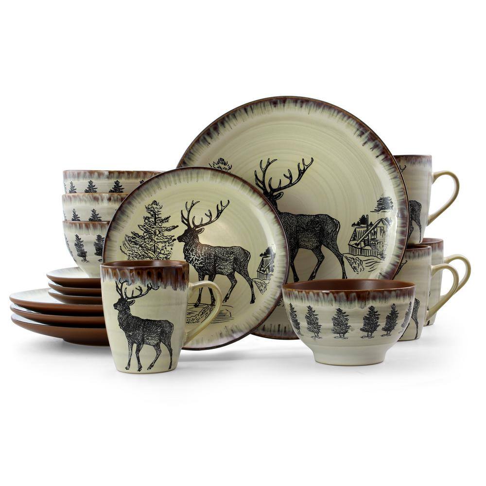 Elama Majestic Elk 16-Piece Seasonal Taupe Stoneware Dinnerware Set (Service for 4) 985112047M